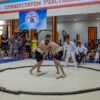 Young athletes engaged in sumo wrestling in a gym with spectators and a referee observing.