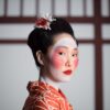 Portrait of a traditional geisha in elegant red kimono with striking makeup.