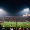 Thrilling night baseball game at Hanshin Koshien Stadium in Japan with vibrant crowd.