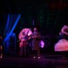 Vibrant costumes and dramatic lighting in a theatrical stage performance.