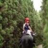 A person in cosplay riding a horse through a lush, green forest path. Captivating and enchanting.